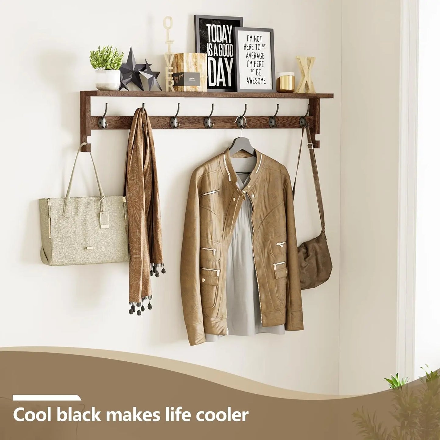 Wall Mounted Coat Rack With Shelf 7 Metal Hooks Entryway