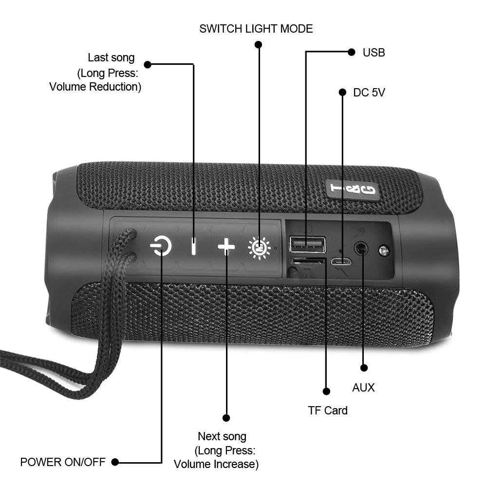 TG227 Outdoor Speaker Waterproof Wireless Bass Subwoof Loudspeaker Box Support TF Card FM Radio Aux Input With LED Light