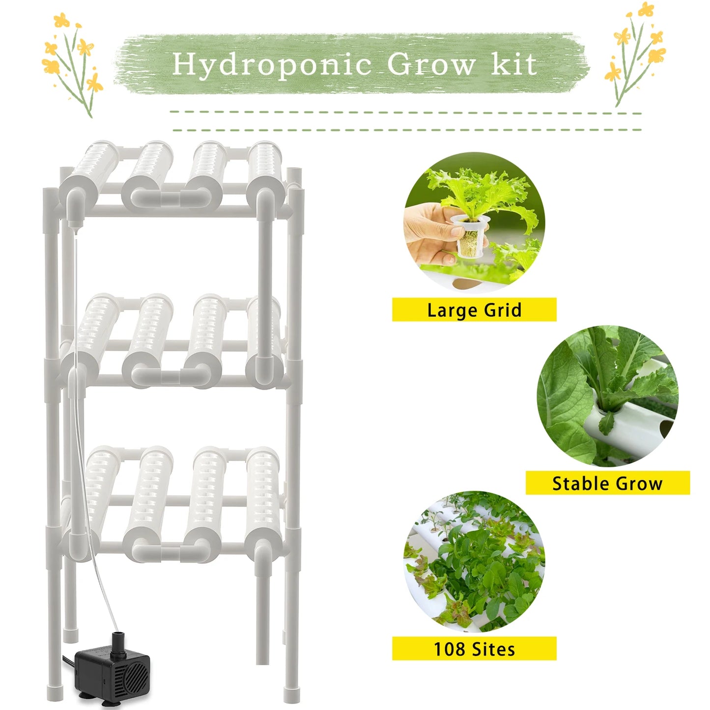 BHTNYOO Hydroponics Growing System Kit 3-Layer 108 Sites