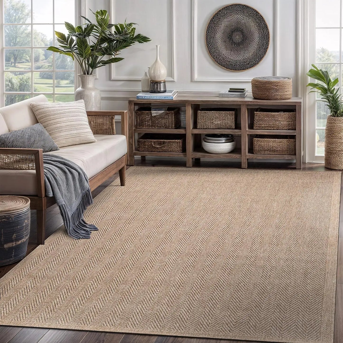 Indoor Outdoor Seagrass Herringbone Rug for Living Room and Patio
