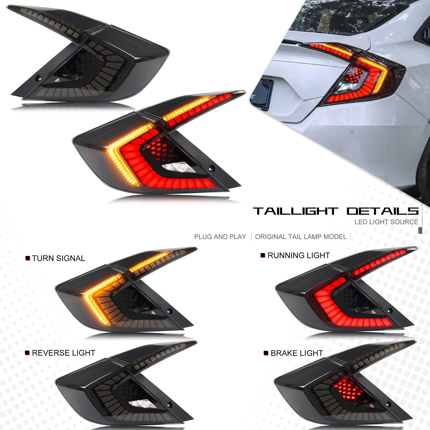 LED Tail Lights For Honda Civic Sedan 10Th Gen 2016-2021 DRL Start Up Animation Rear Lamp Assembly (Not for hatchback & Coupe)