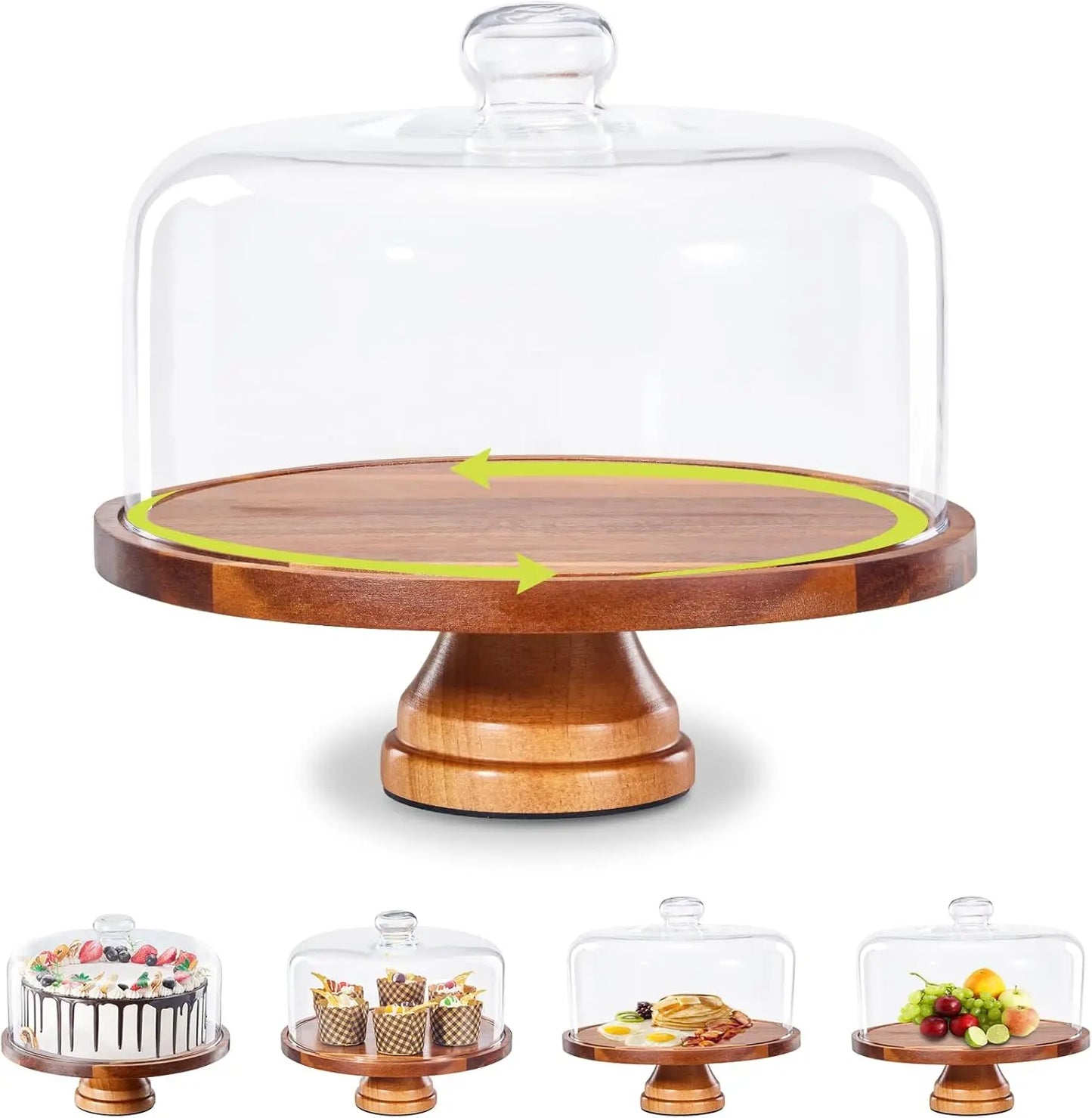 Rotating Wooden Cake Stand With Glass Dome Lid For Parties