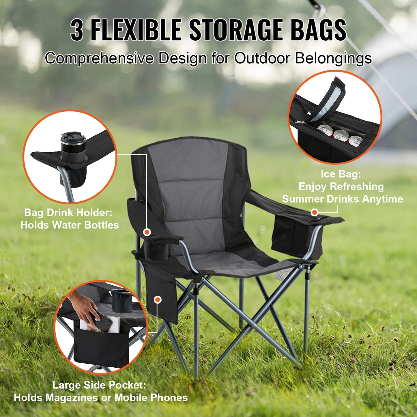 VEVOR Camping Folding Chair Portable Quad Lumbar With Side Pockets