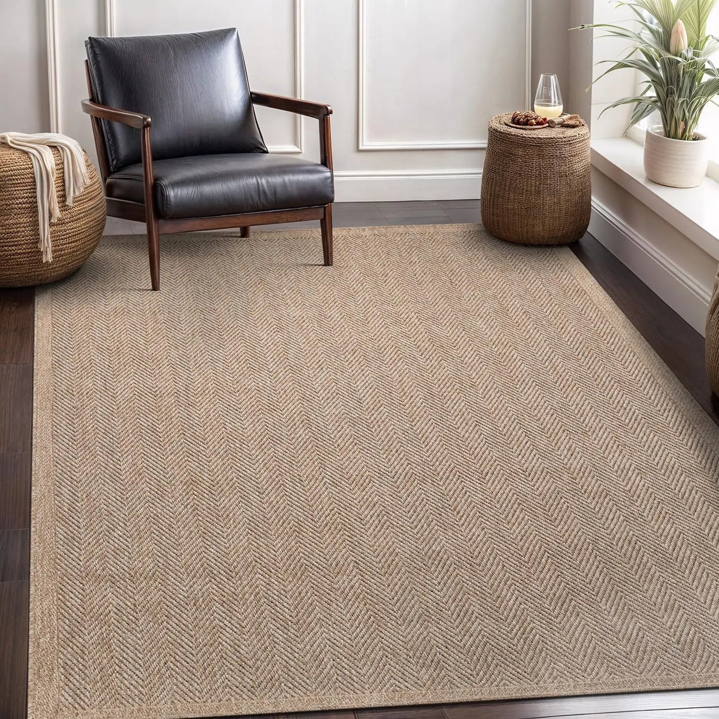 Indoor Outdoor Seagrass Herringbone Rug for Living Room and Patio