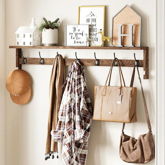 Wall Mounted Coat Rack With Shelf 7 Metal Hooks Entryway