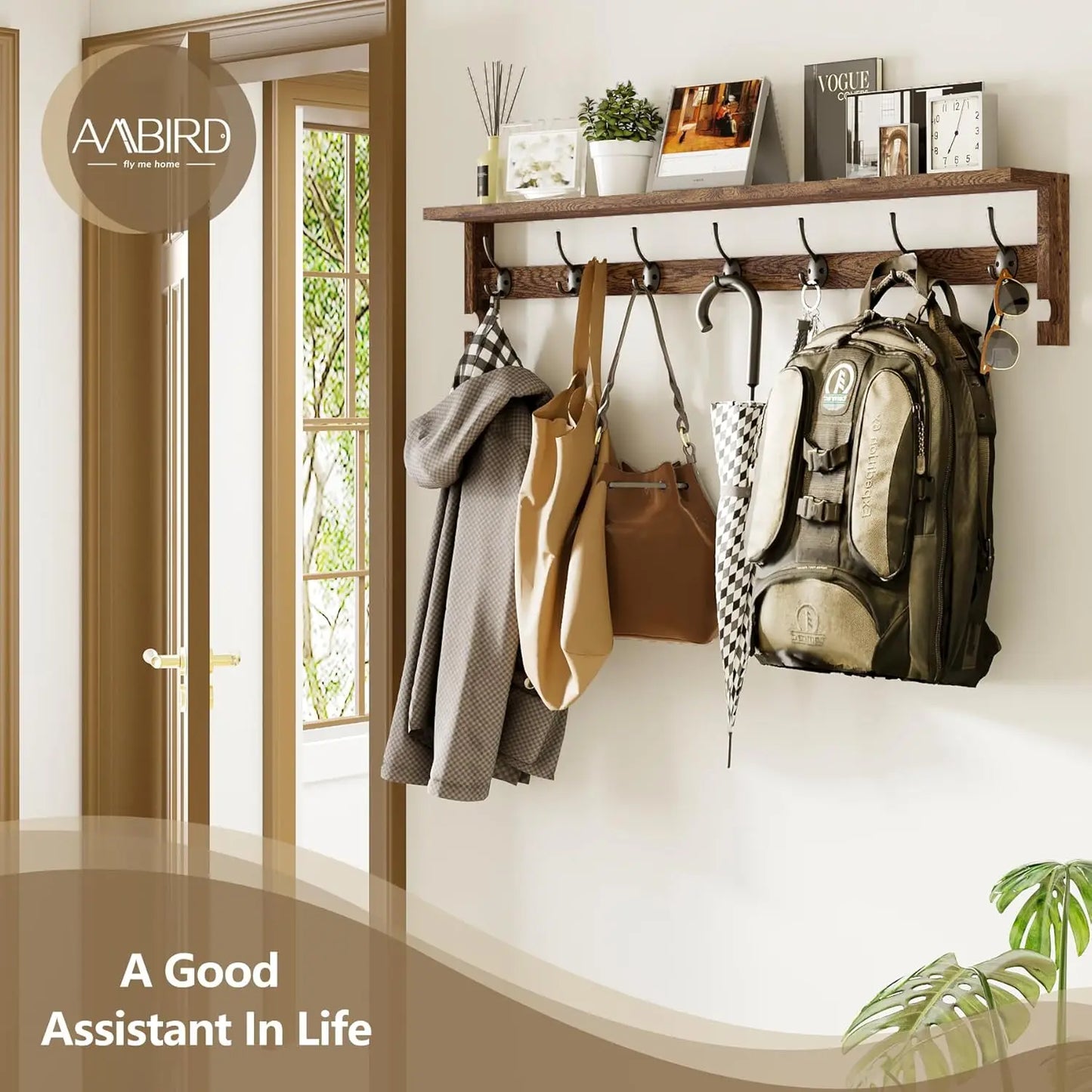 Wall Mounted Coat Rack With Shelf 7 Metal Hooks Entryway