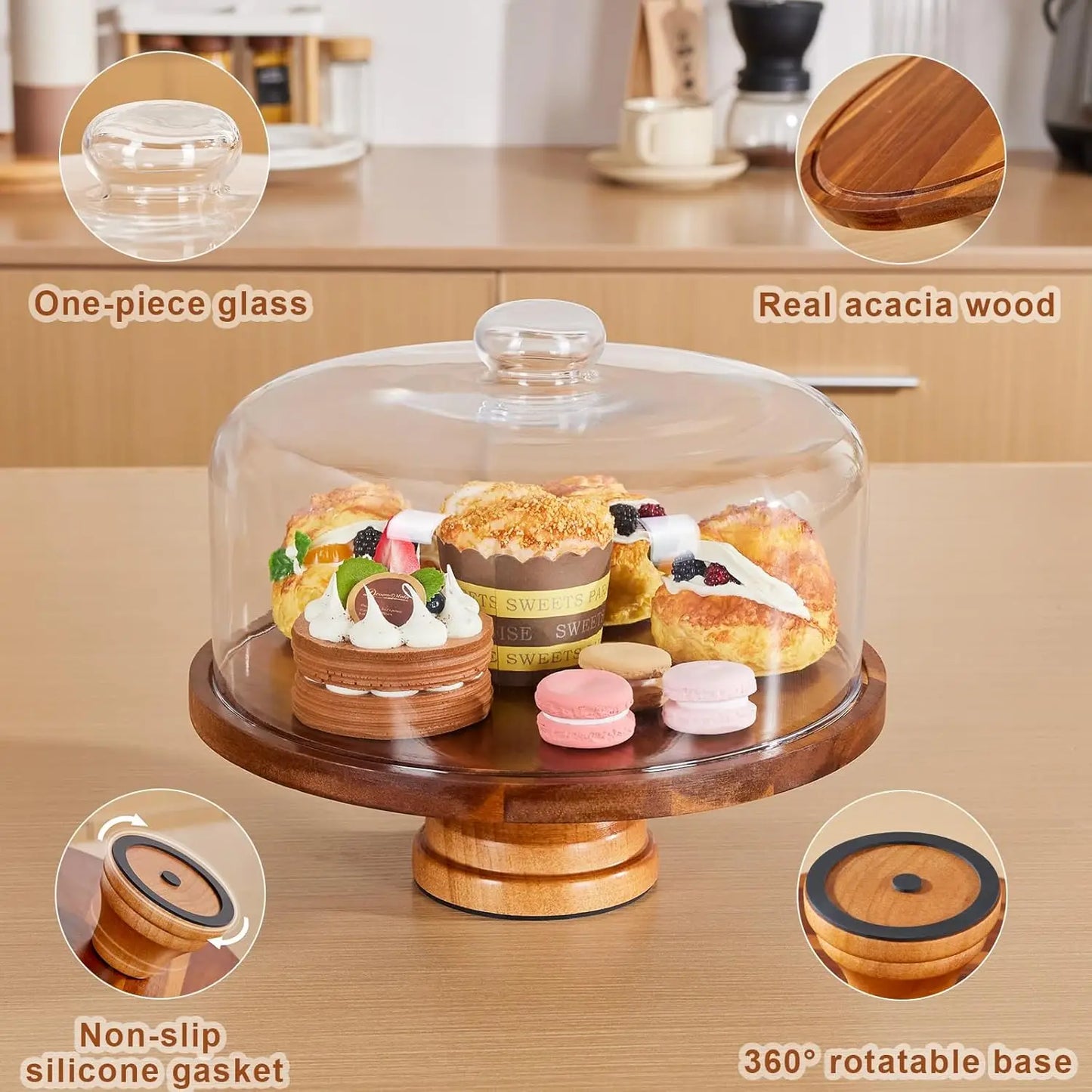 Rotating Wooden Cake Stand With Glass Dome Lid For Parties