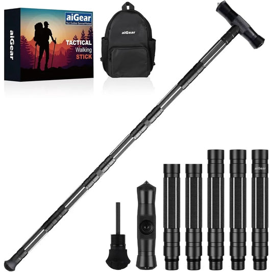 Tactical Stick Hiking Walking Staff - Trekking Poles Outdoor Adjustable Hiking Stick for Camping Hiking 5-8 Tubes with Multitool