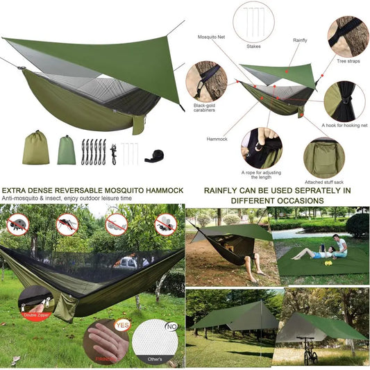 Camping Hammock With Rain Fly Tarp Mosquito Net Set