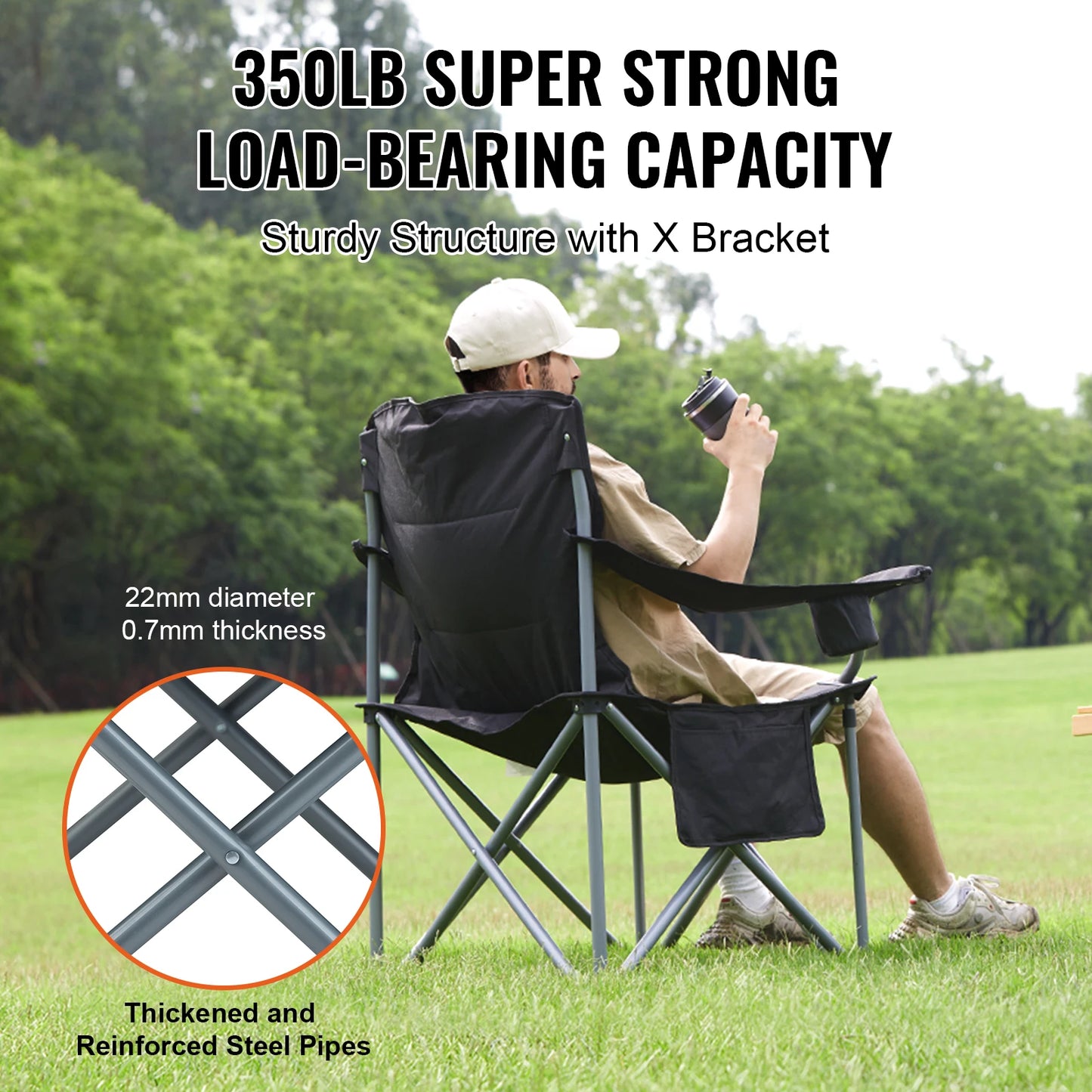 VEVOR Camping Folding Chair Portable Quad Lumbar With Side Pockets