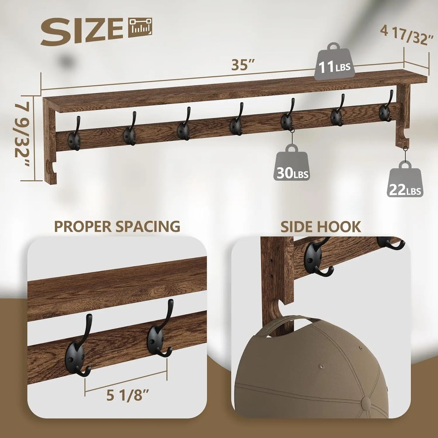 Wall Mounted Coat Rack With Shelf 7 Metal Hooks Entryway