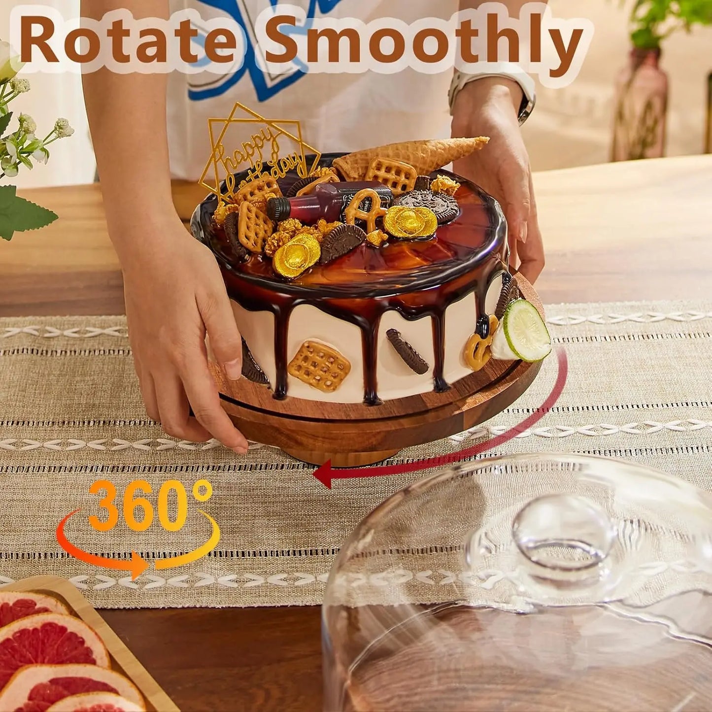 Rotating Wooden Cake Stand With Glass Dome Lid For Parties