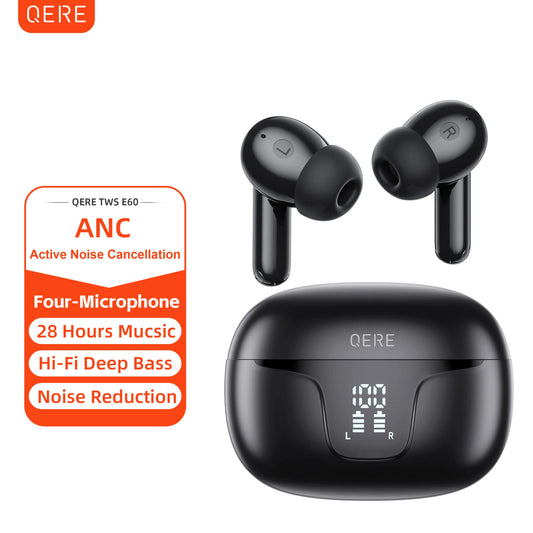 QERE-E60 Wireless Headphones, TWS Bluetooth 5.3,HD Microphone,HIFI Earphones,13mm Driver,Touch control,With displ, ANC Call, New