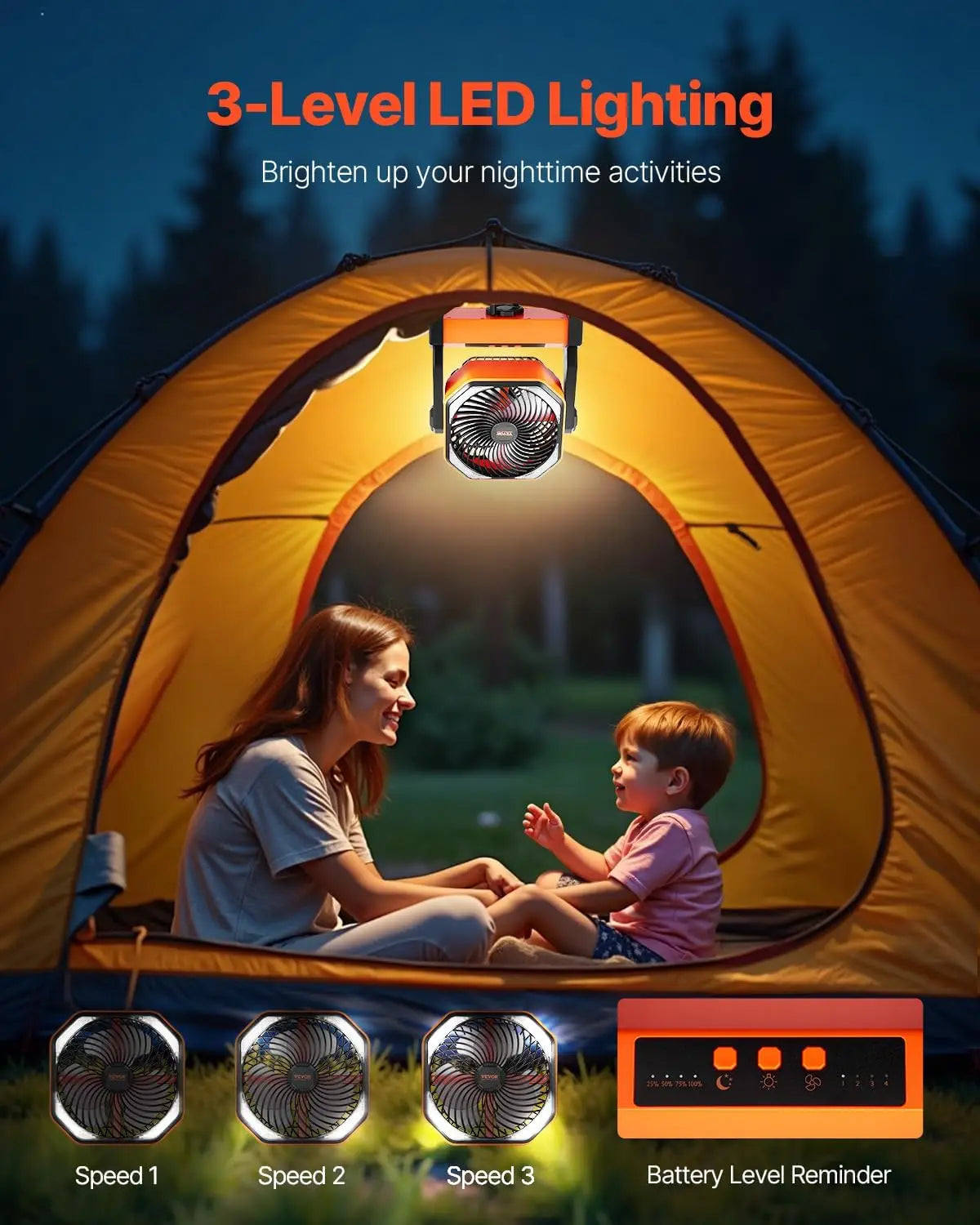 Camping Fan With LED Light And 10000mAh Battery 4 Speed Quiet
