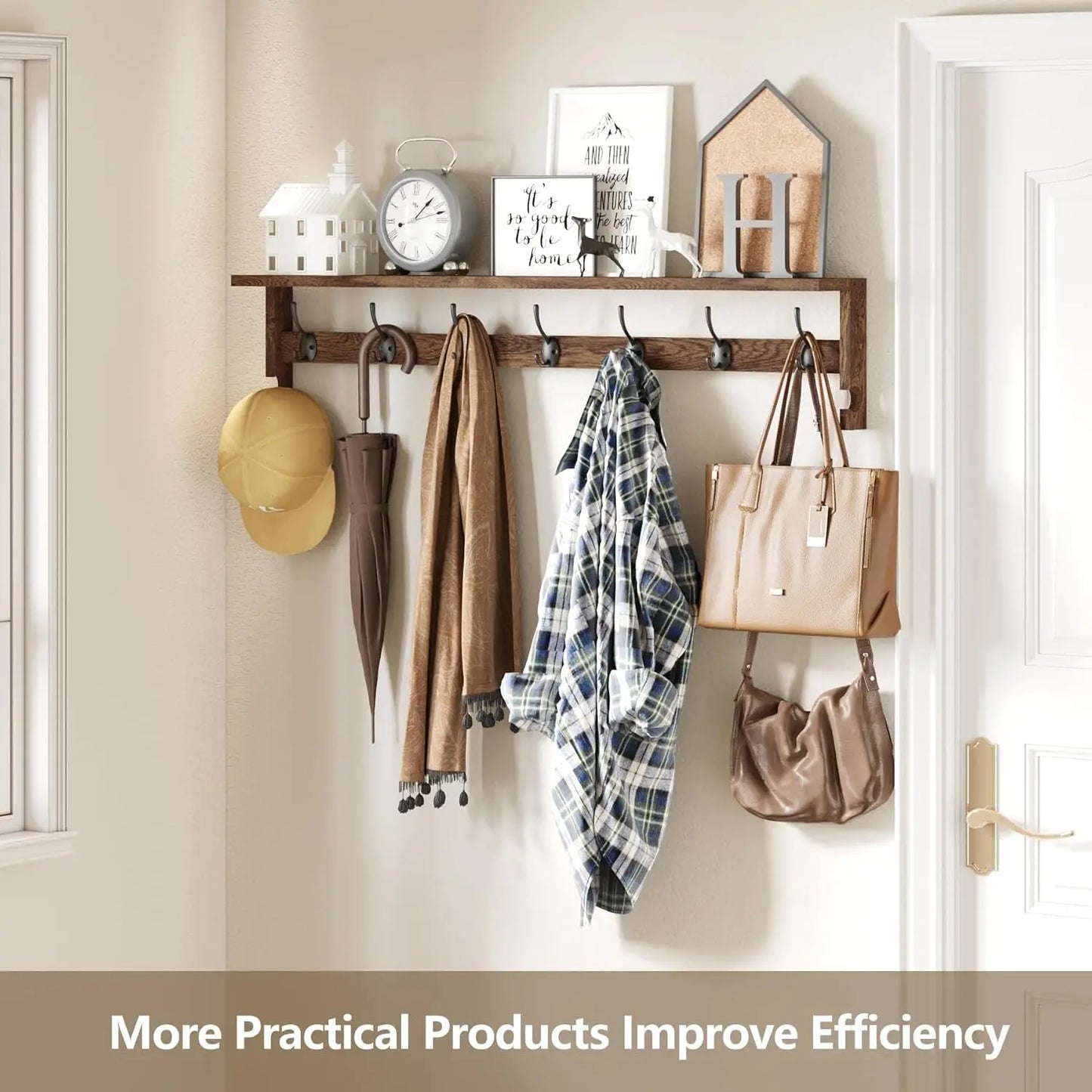 Wall Mounted Coat Rack With Shelf 7 Metal Hooks Entryway