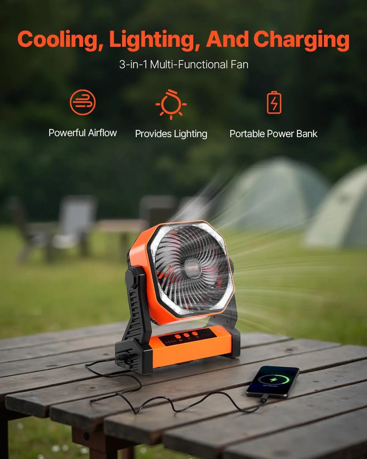 Camping Fan With LED Light And 10000mAh Battery 4 Speed Quiet