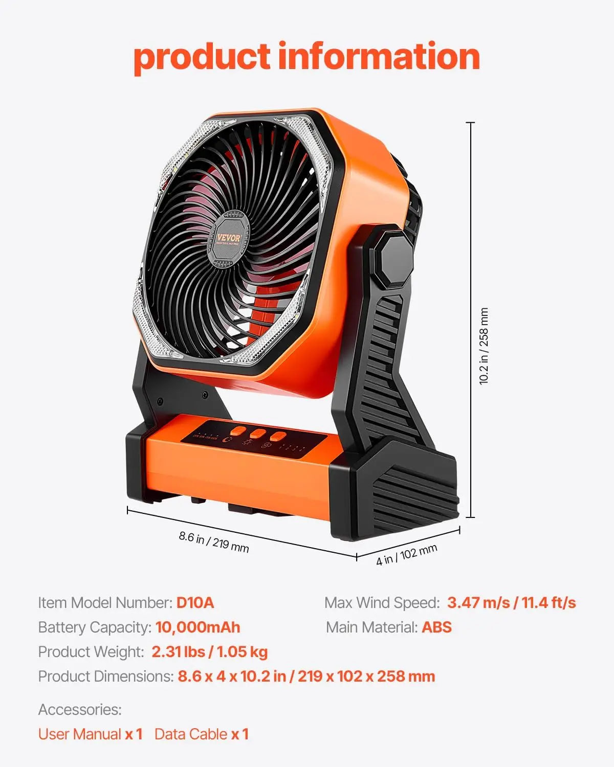 Camping Fan With LED Light And 10000mAh Battery 4 Speed Quiet