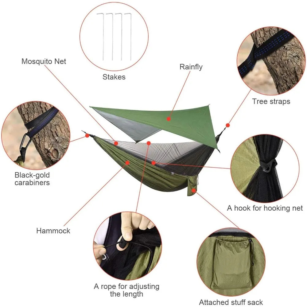 Camping Hammock With Rain Fly Tarp Mosquito Net Set