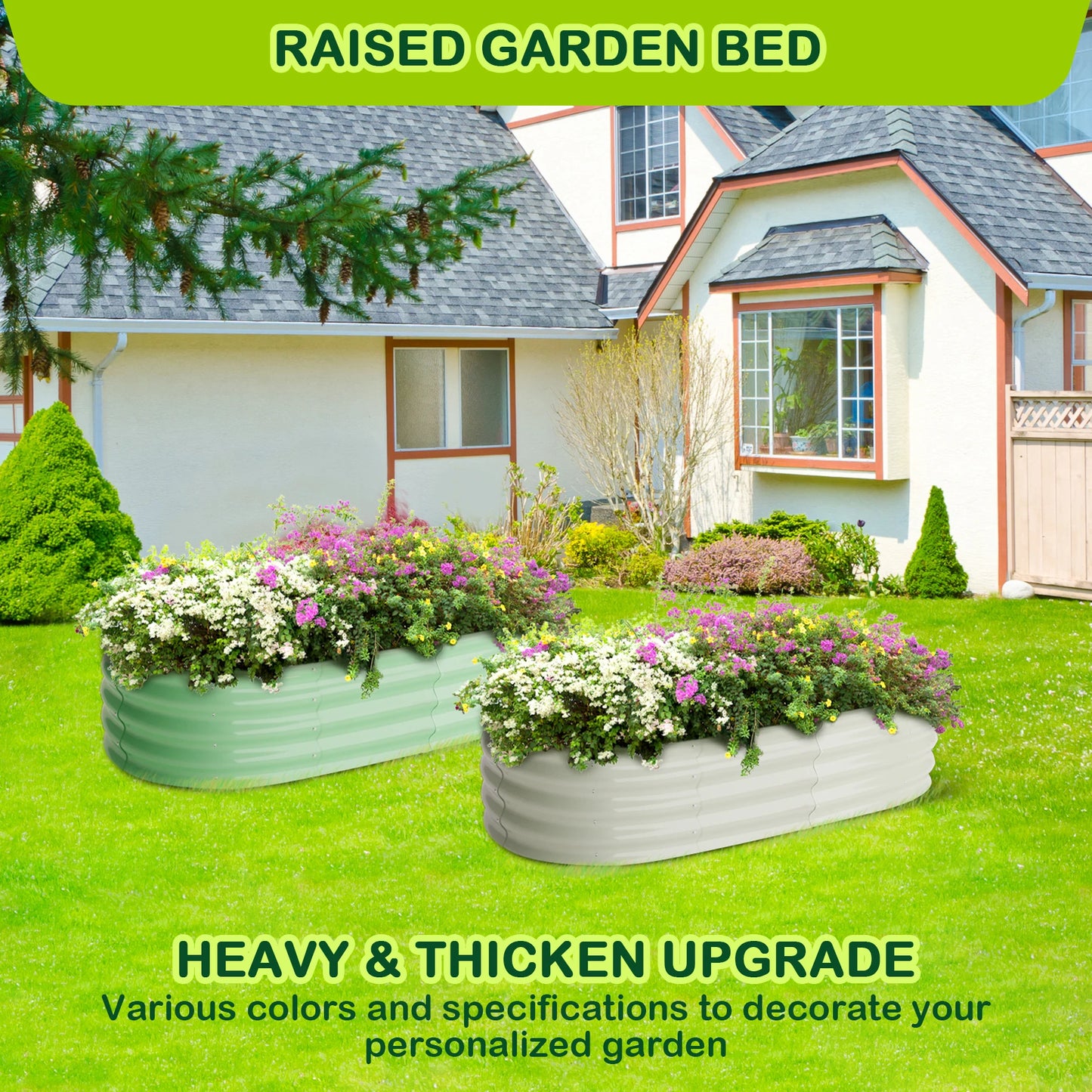 HiMIS Oval Galvanized Raised Garden Bed Kit Outdoor Open Ended Planter 2 Pack