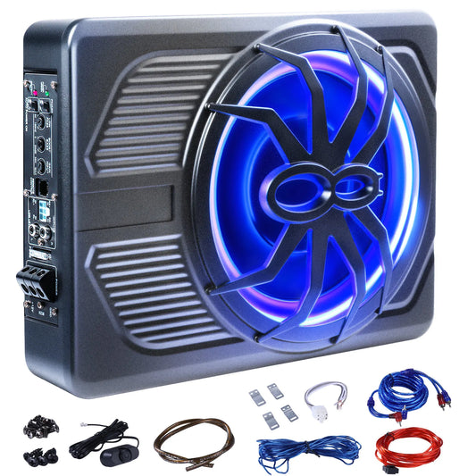 Car Subwoofer Amplifier, Ultra-thin 10" Large-caliber 800W Stereo Surround Sound Built-in Amplifier with Blue LED Ambient Light