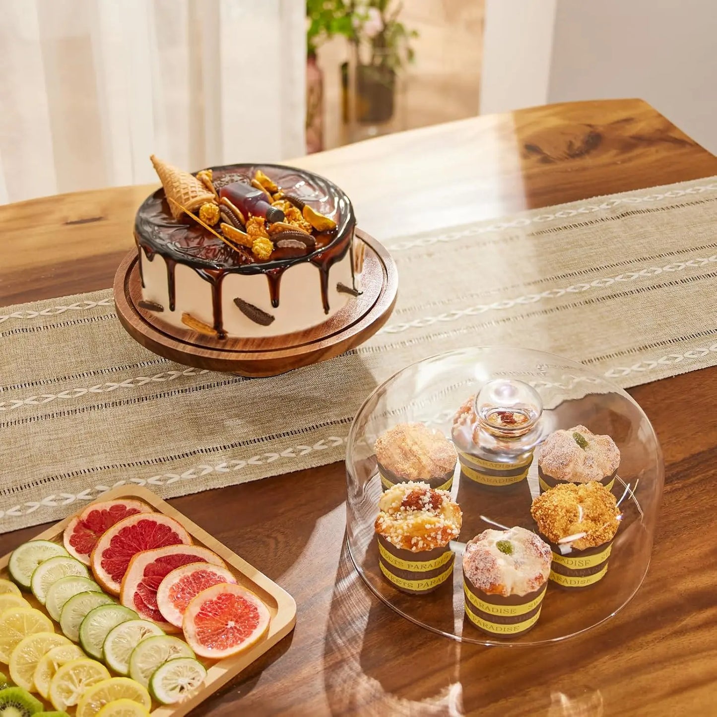 Rotating Wooden Cake Stand With Glass Dome Lid For Parties