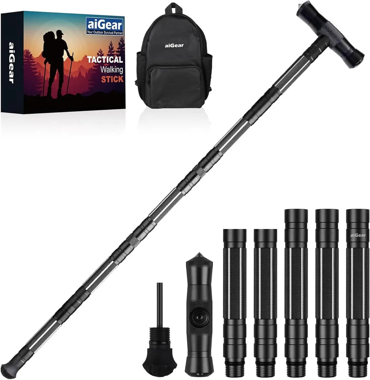 Tactical Stick Hiking Walking Staff - Trekking Poles Outdoor Adjustable Hiking Stick for Camping Hiking 5-8 Tubes with Multitool