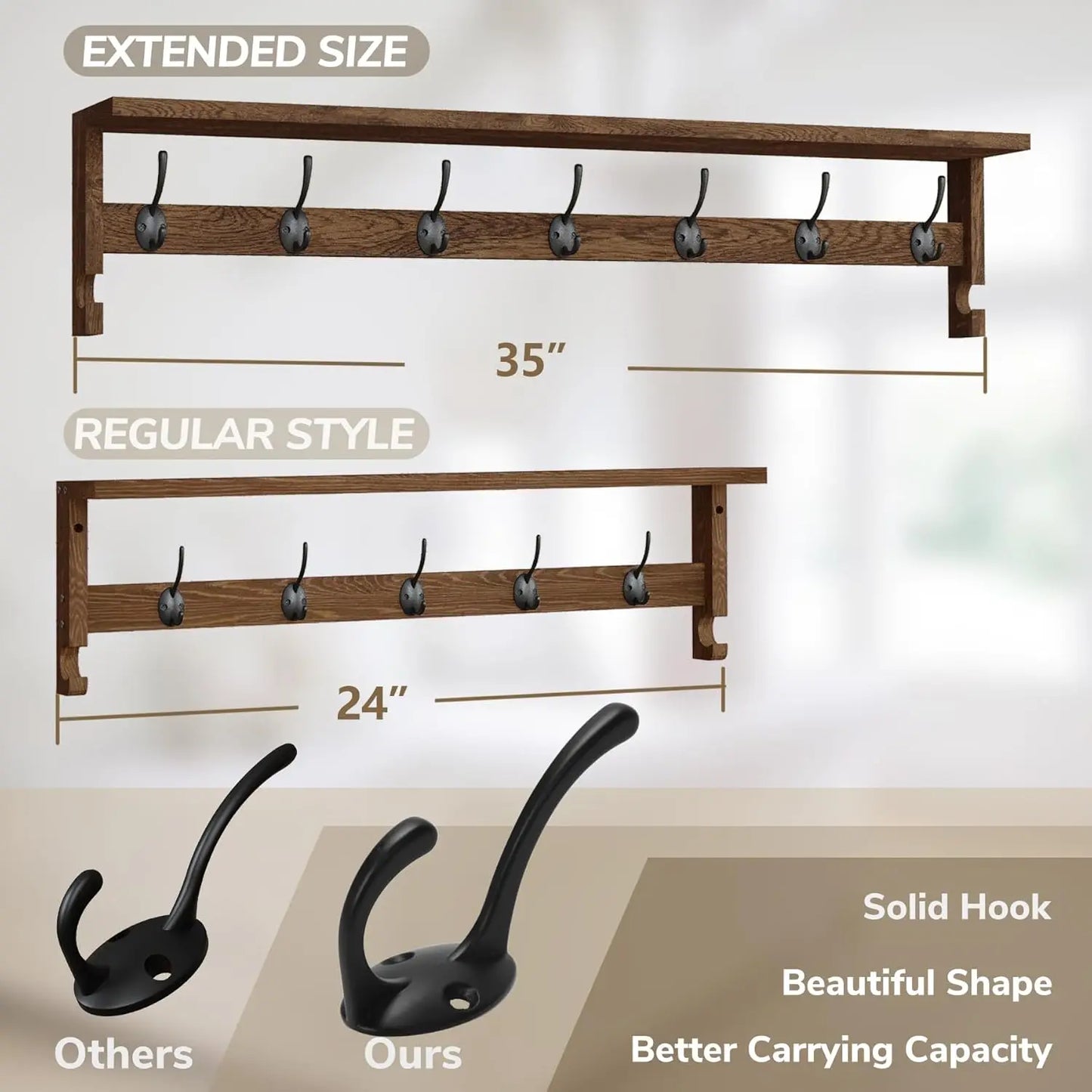 Wall Mounted Coat Rack With Shelf 7 Metal Hooks Entryway