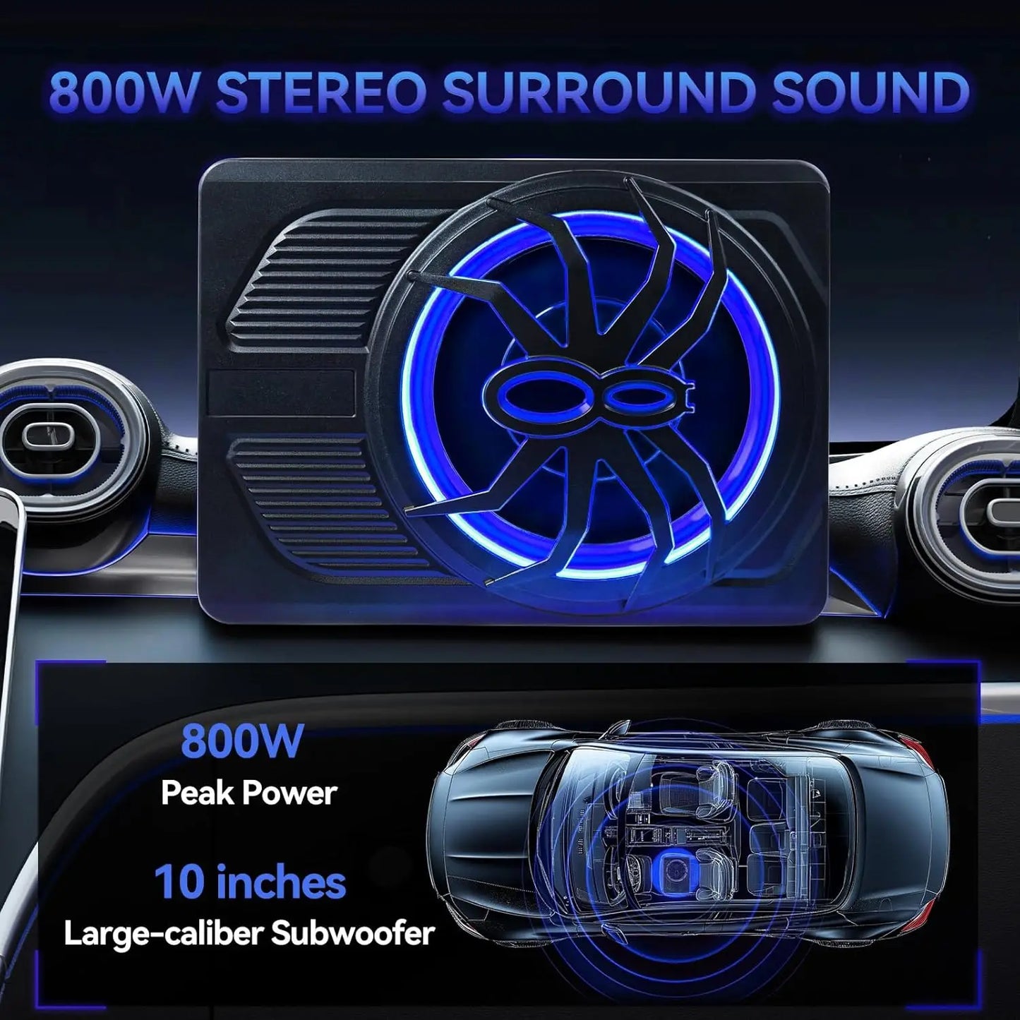 Car Subwoofer Amplifier, Ultra-thin 10" Large-caliber 800W Stereo Surround Sound Built-in Amplifier with Blue LED Ambient Light