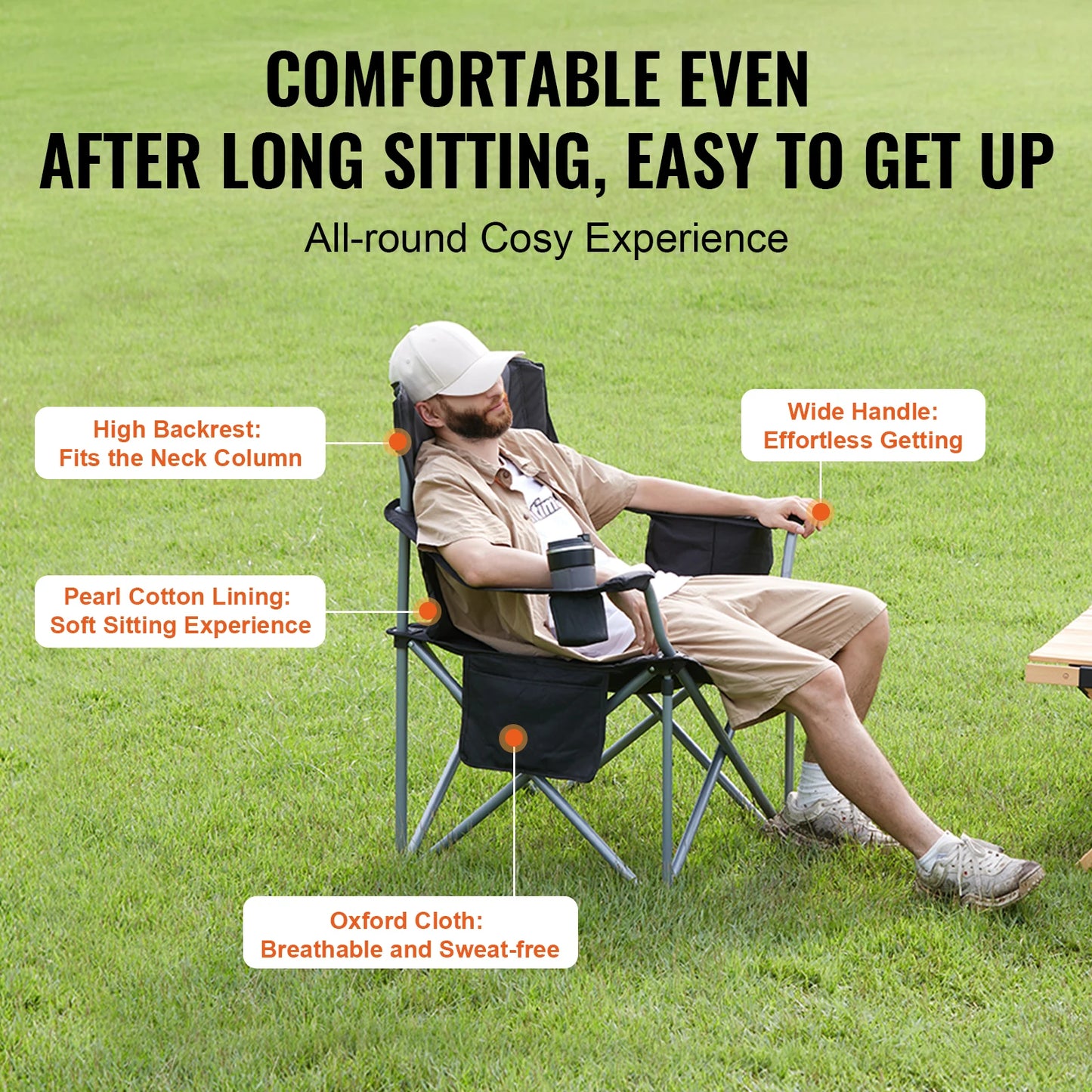 VEVOR Camping Folding Chair Portable Quad Lumbar With Side Pockets