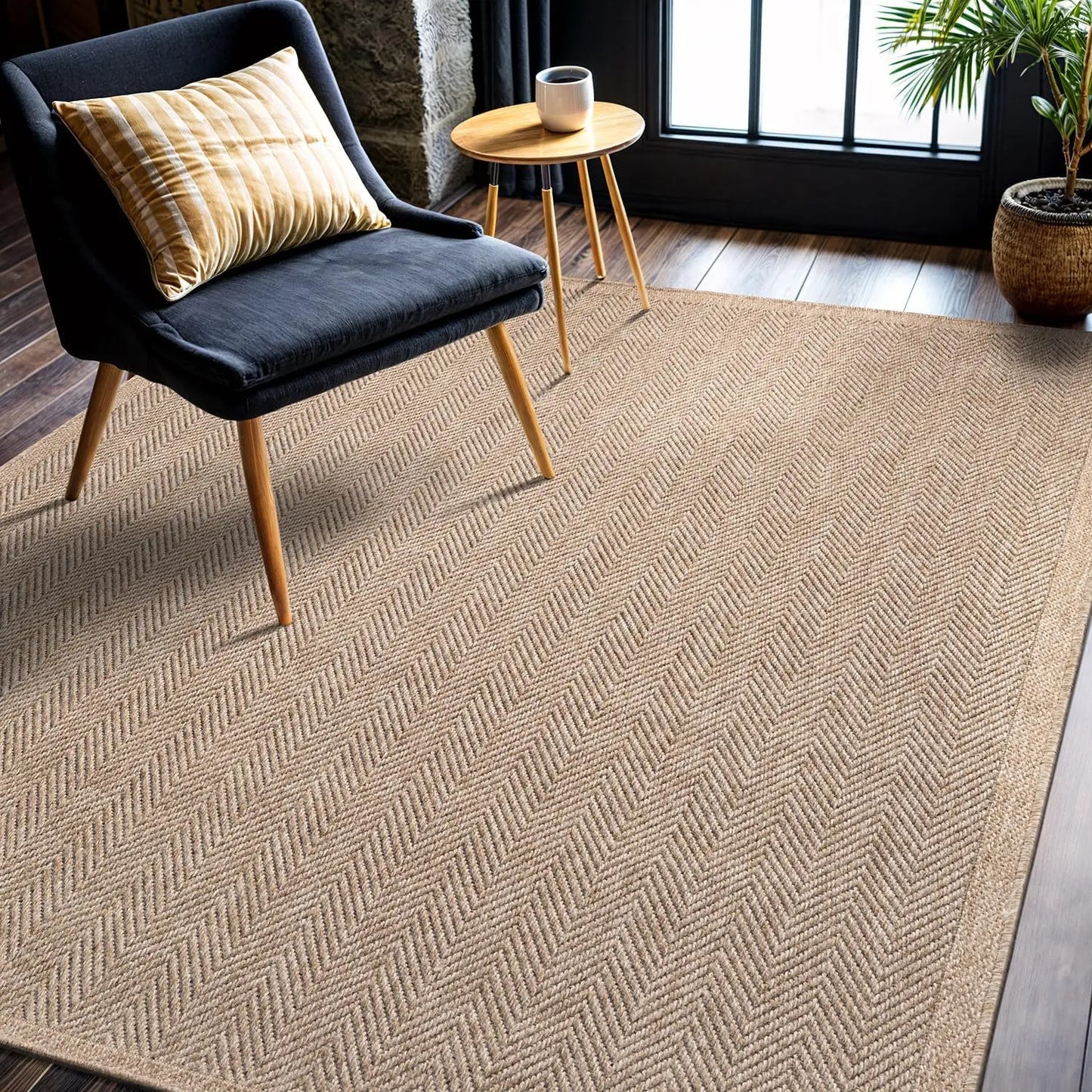 Indoor Outdoor Seagrass Herringbone Rug for Living Room and Patio